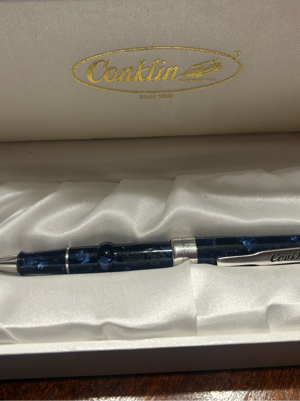 Conklin Mark Twain Crescent Filler Fountain Pen in a blue marbled in Conklin box